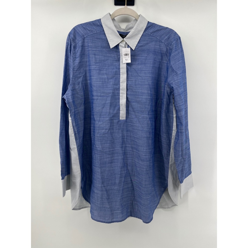 Ann Taylor Colorblock Tunic Top Blue Grey Cotton Popover Blouse XL NEW 19464333